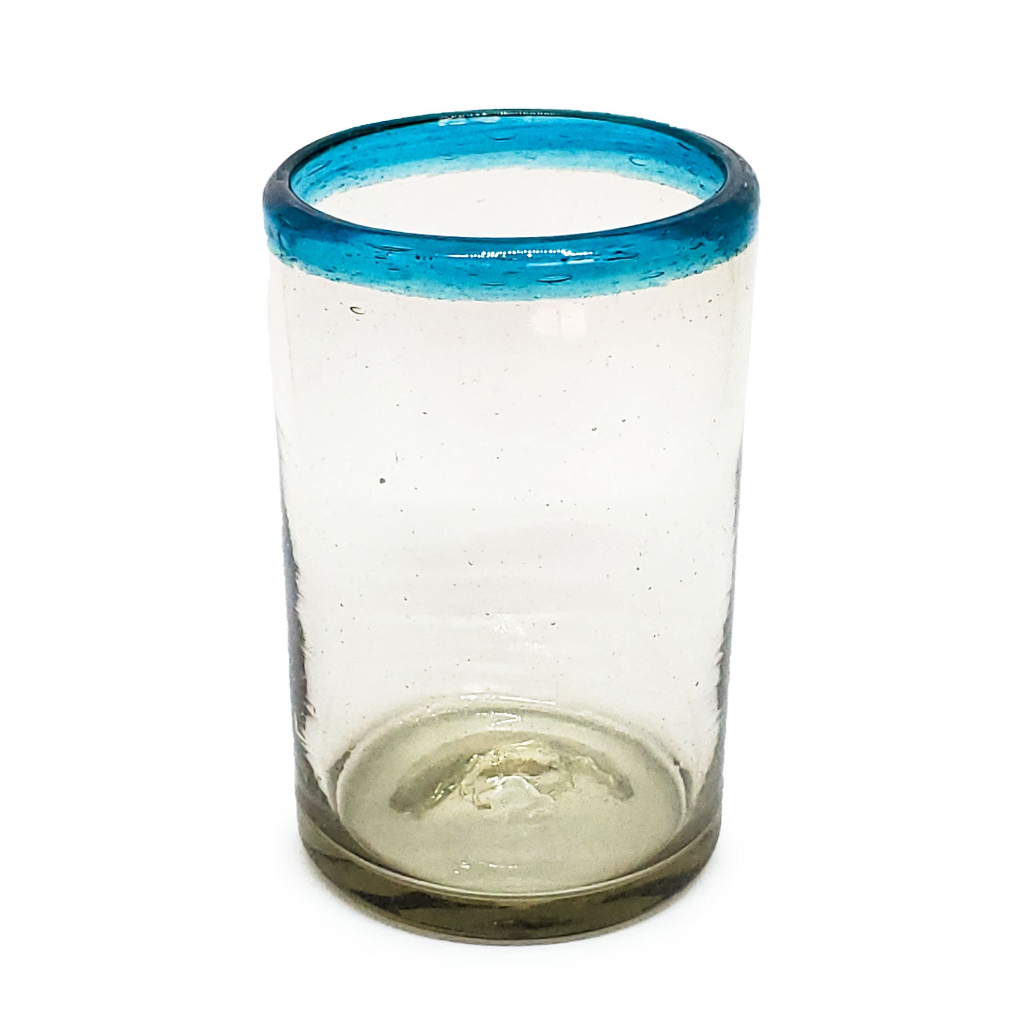 VIDRIO SOPLADO / Juego de 6 vasos grandes con borde azul aqua